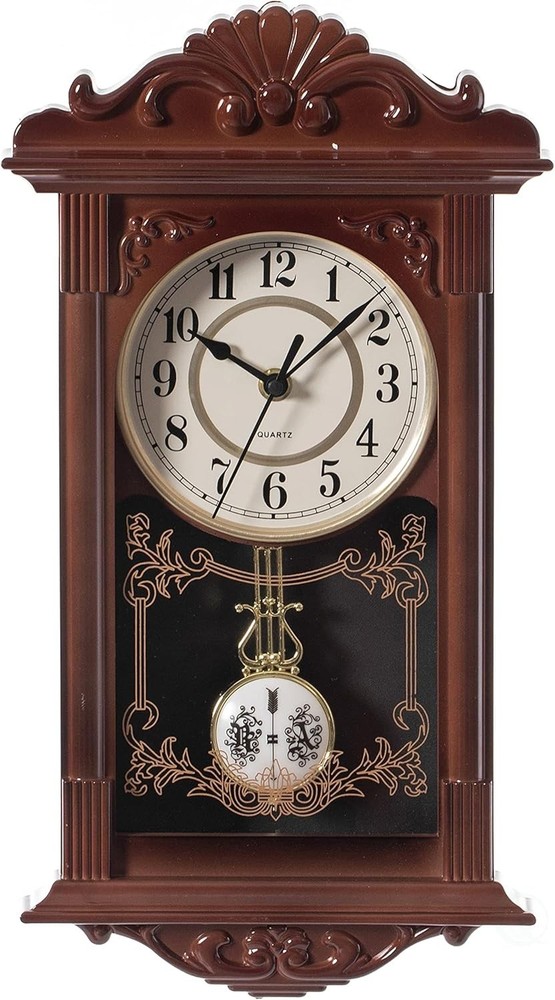 Pendulum Wall Clock 16-Inch Vintage Grandfather Style Wood Battery Operated