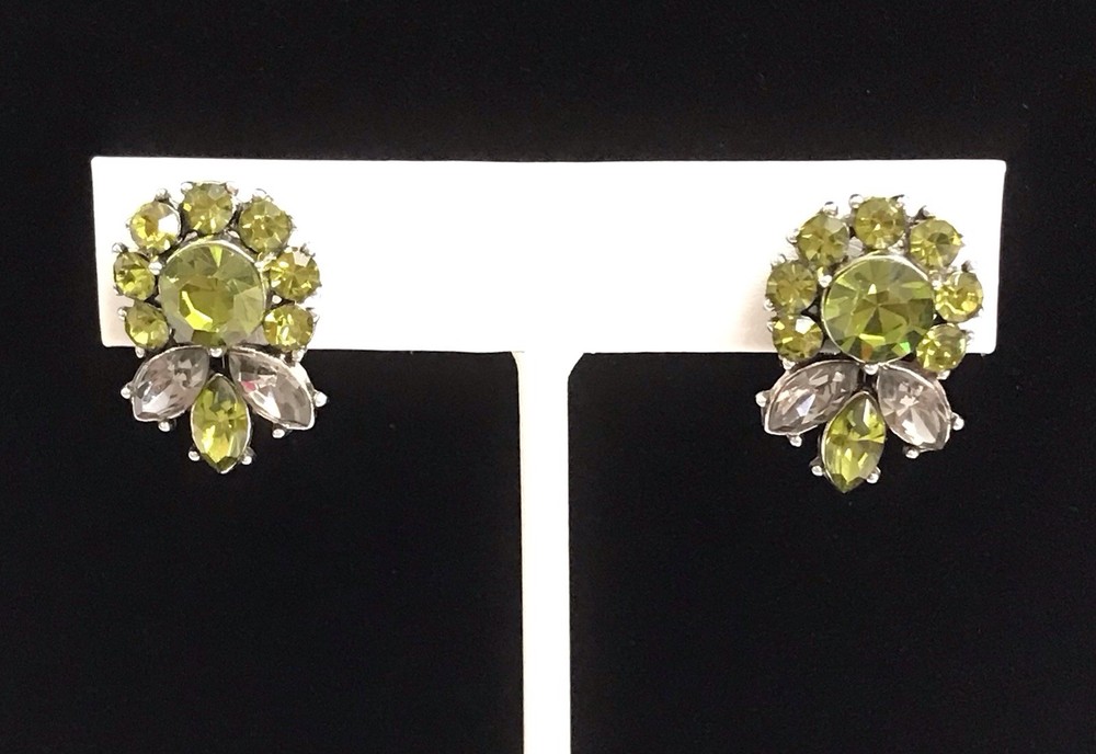 Vintage Crown Trifari Olive Green and Grey Rhinestone Clip-On Earrings