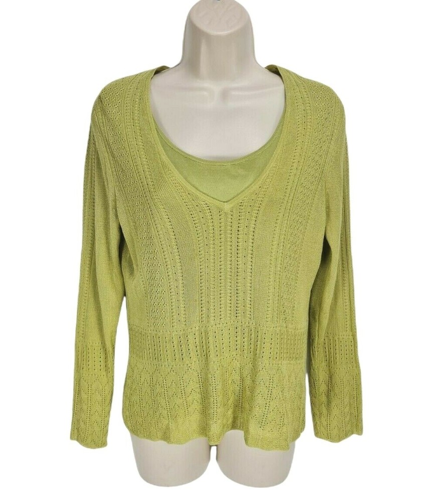 Jones New York Olive Green Knit Shirt Women Petti Size PM V-Neck Long Sleeve