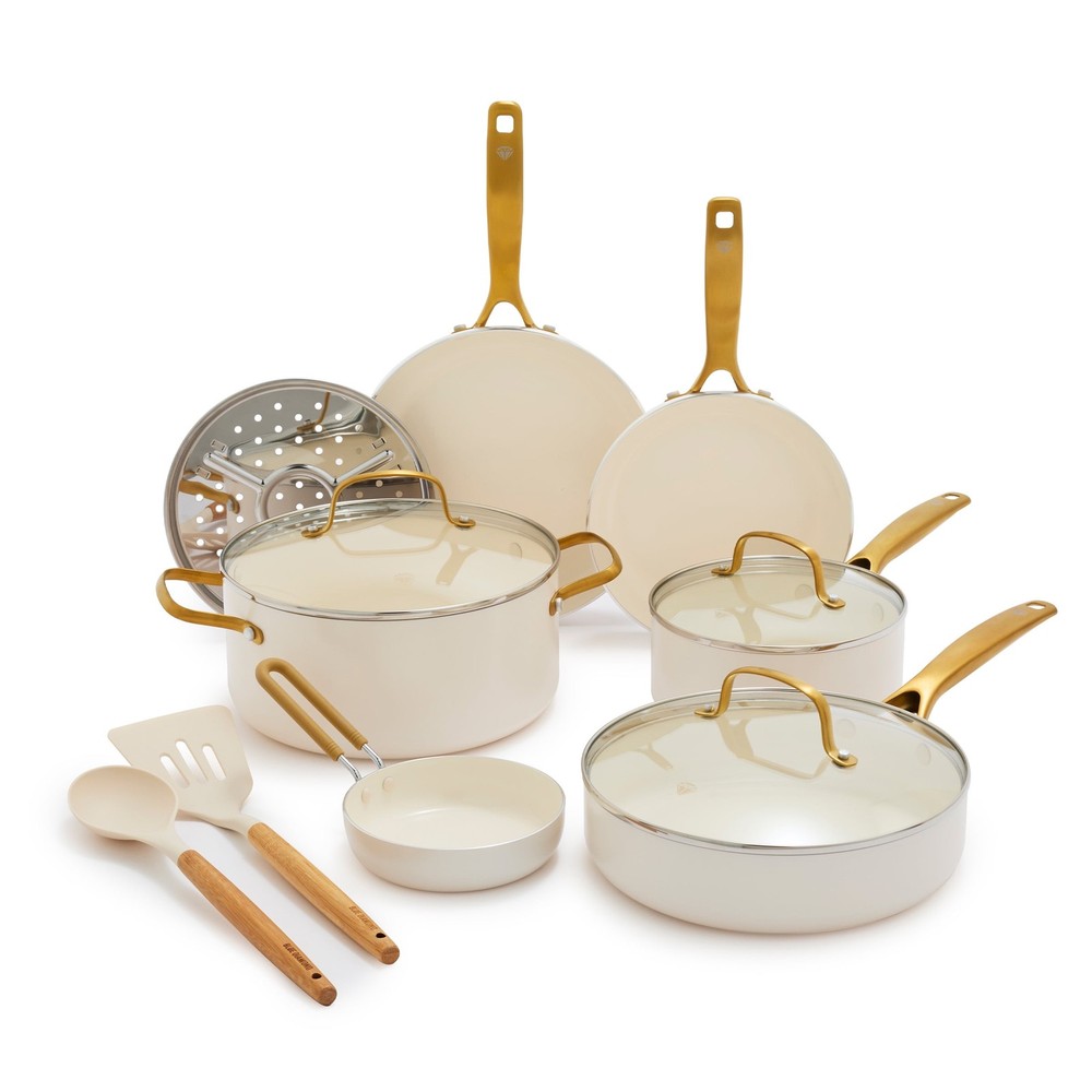 Blue Diamond White 12-Piece Nonstick Aluminum Cookware Set with Gold Accents