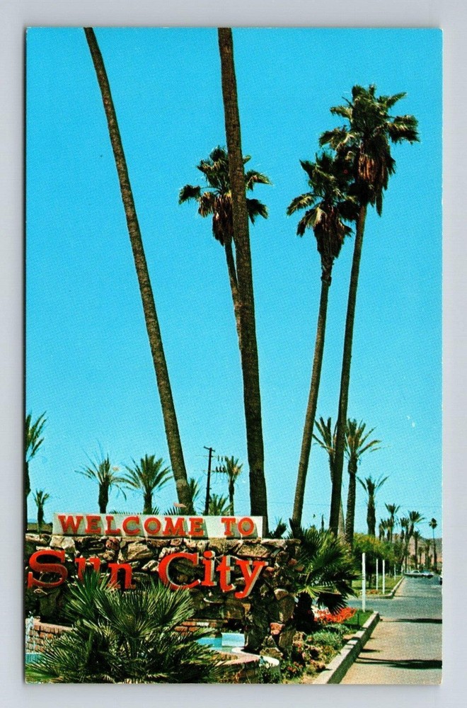 Sun City CA-California, Scenic Greetings Sign And Palm Trees, Vintage Postcard