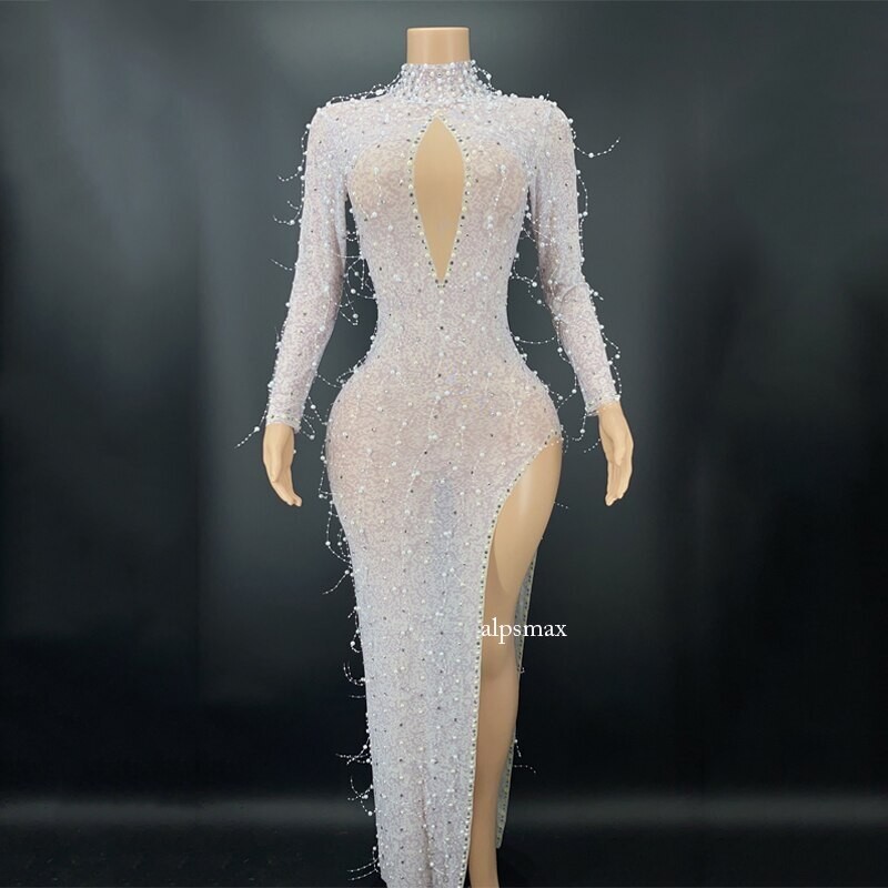 Sexy Rhinestone Tassel Long Prom Birthday Dresses Stagewear Fashion Party Dress