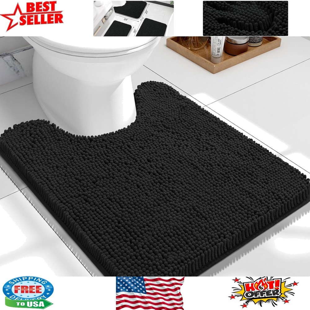Plush Black Chenille Toilet Rug 24x20 - Ultra-Absorbent & Machine Washable