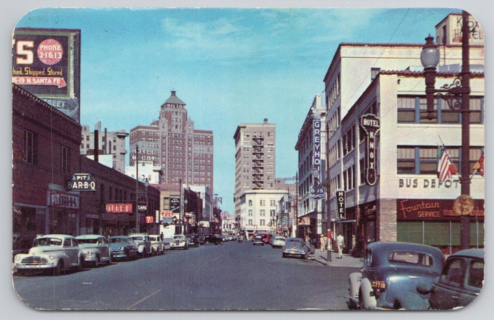 El Paso Texas San Francisco Street Hilton Hotel Dextone Postcard 1950s Cars