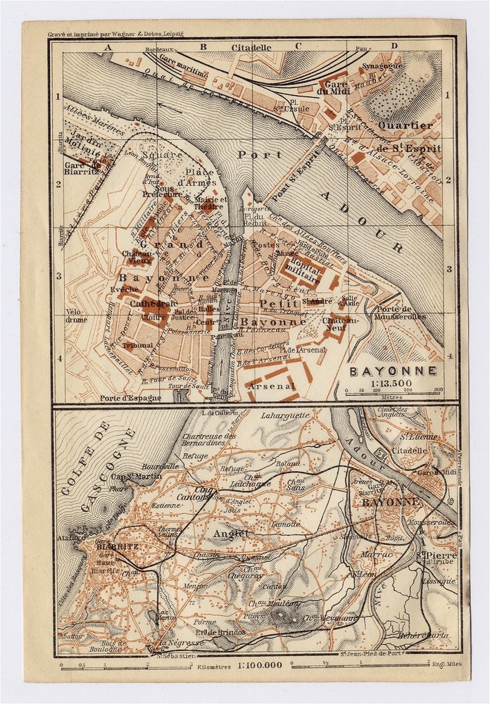 1914 Antique City Map Of Bayonne Baiona  / Basque Country / Gascony / France