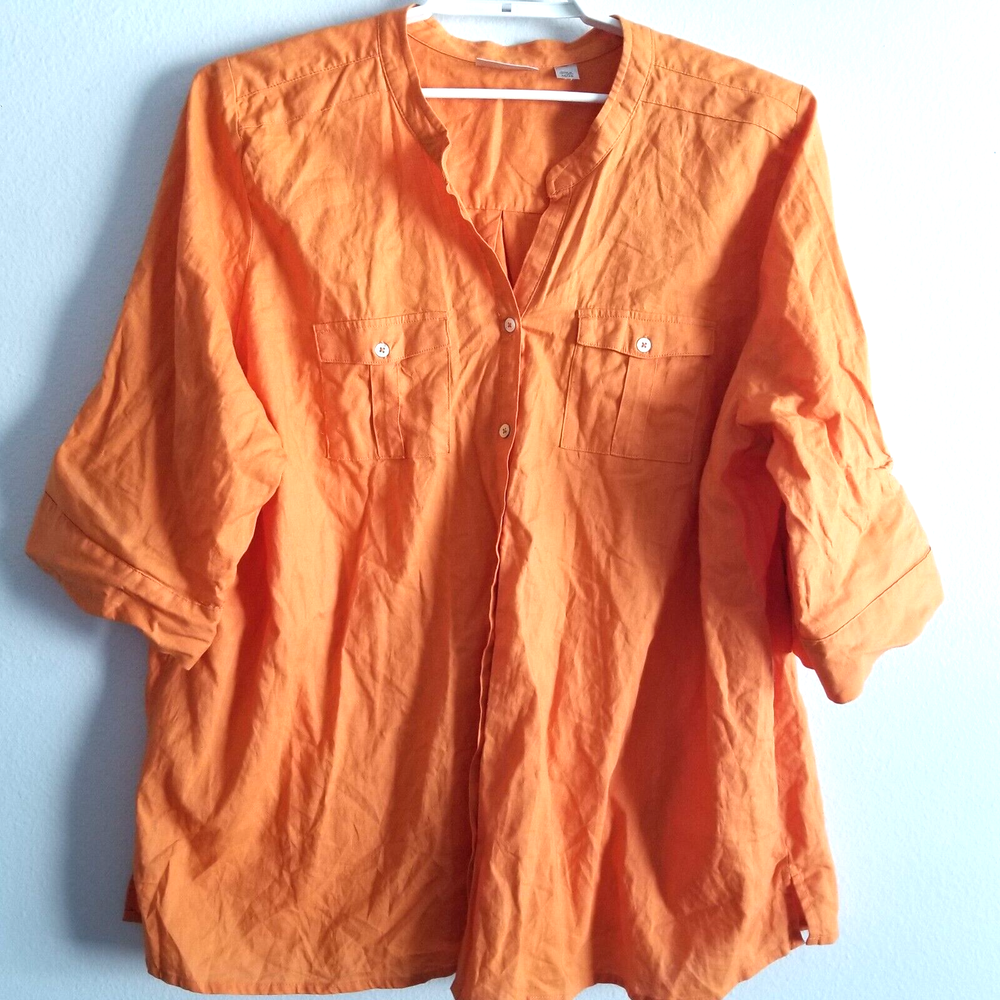 Womens Linen Blend Top Shirt Blouse Roll Tab 26/28 Button Front Orange Avenue