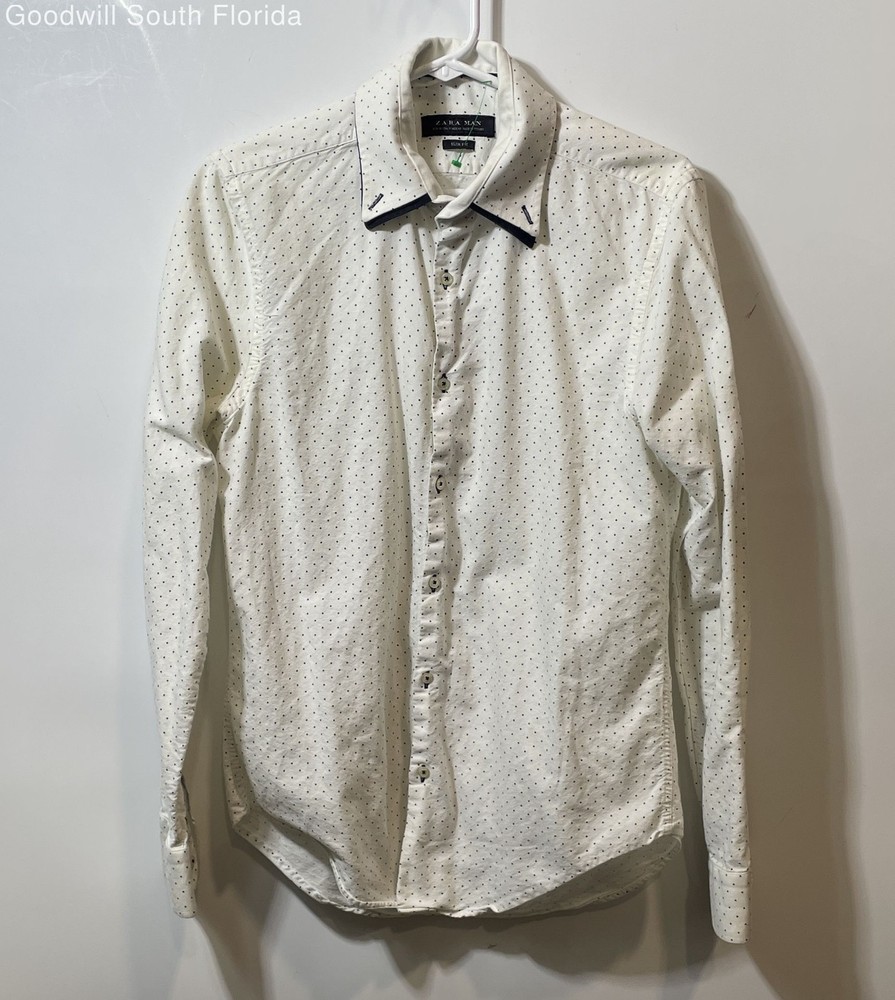 Zara Man Mens White Polka Dot Slim Fit Collared Long Sleeve Button-Up Shirt Sz M
