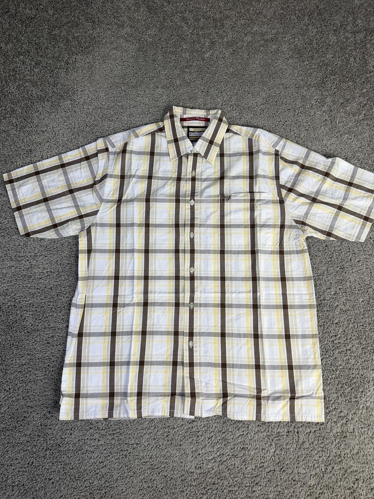 Southpole Shirt Mens M White Plaid Short Sleeve Button Up Embroidered Pocket