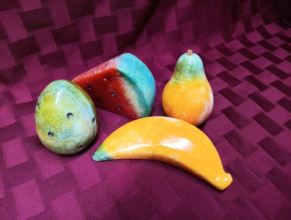 Alabaster Stone Marble Fruit Carved Lot of 4, Banana Watermelon Pear Avocado