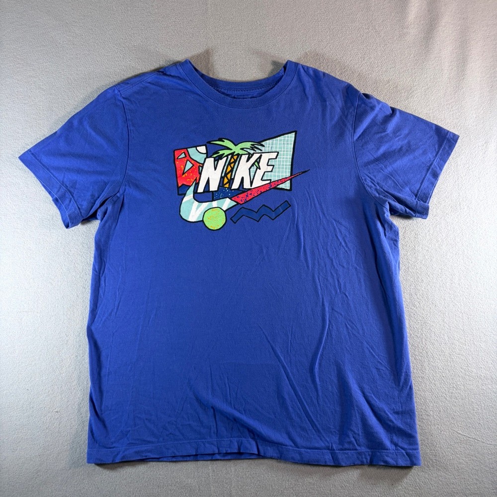 Nike Mens Graphic T-Shirt Blue Large Palm Tree Retro Swoosh Vaporwave