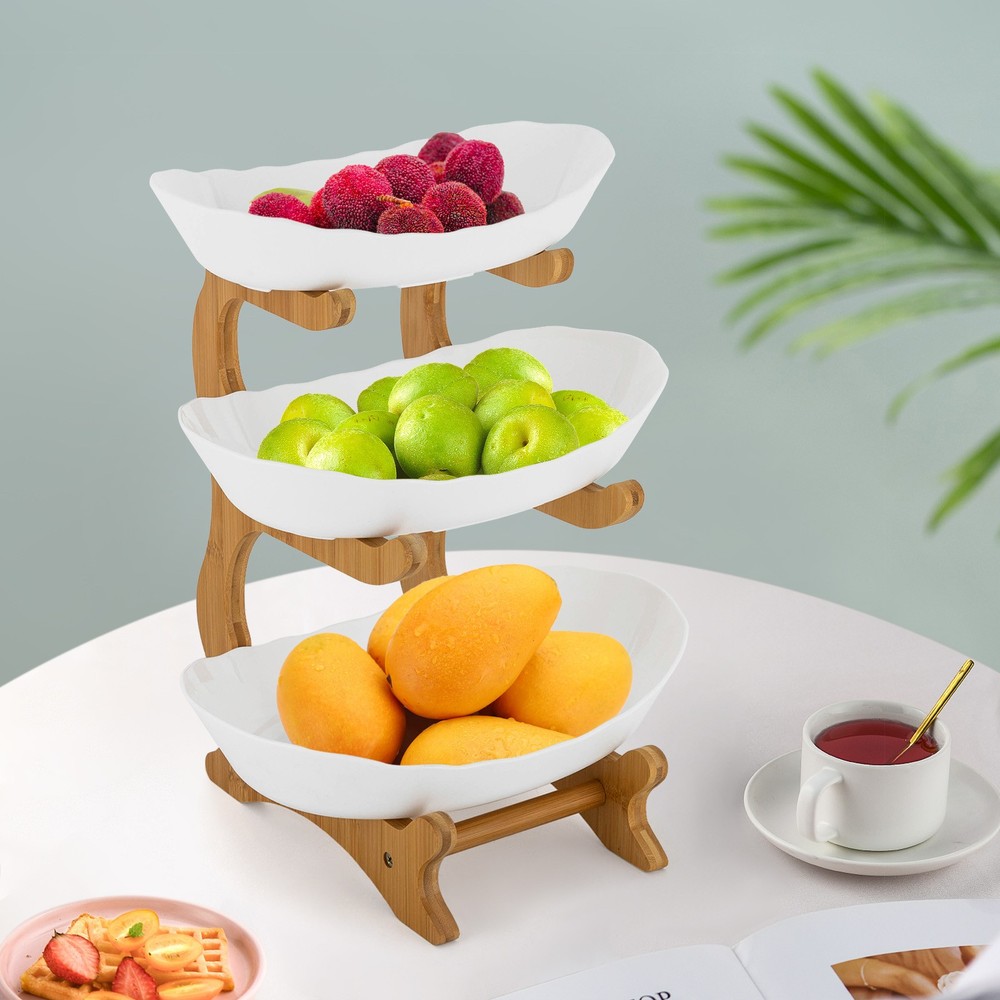Three-Tier Bamboo Wood Fruit Bowl Stand for Snacks and Desserts
