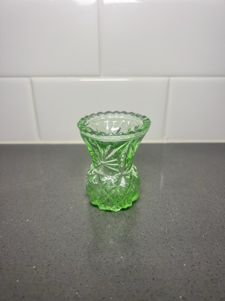Vintage green Sawtooth Edge Small Toothpick Holder Small Bud Vase pressed glass