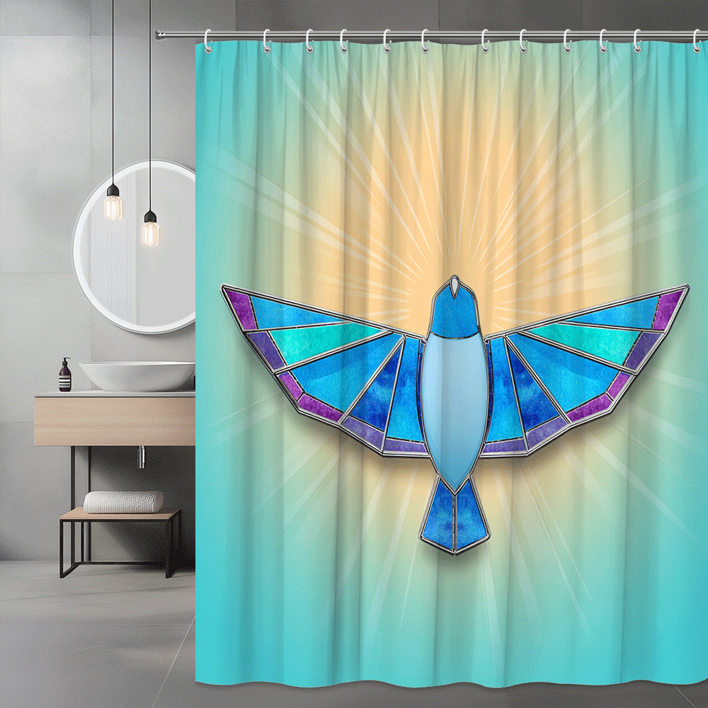 Bird Shower Curtain Stained Glass Style Blue Purple Sunburst