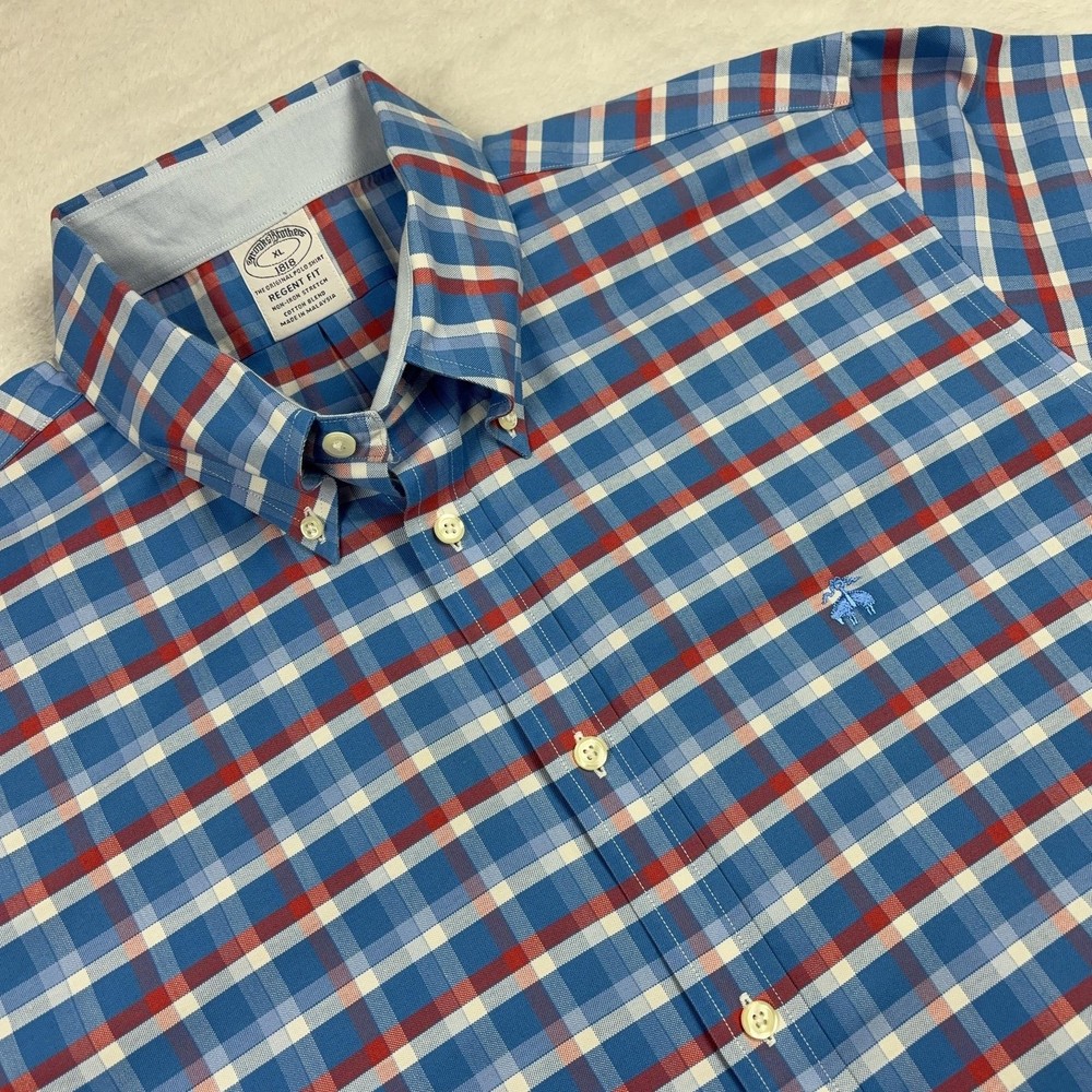 Brooks Brothers Shirt Men XL Blue Red Plaid Short Sleeve Regent Fit Non-Iron