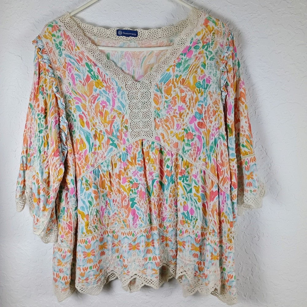 Democracy Boho Floral Crochet Trim Peasant Blouse 3/4 Sleeve Women's 3XL