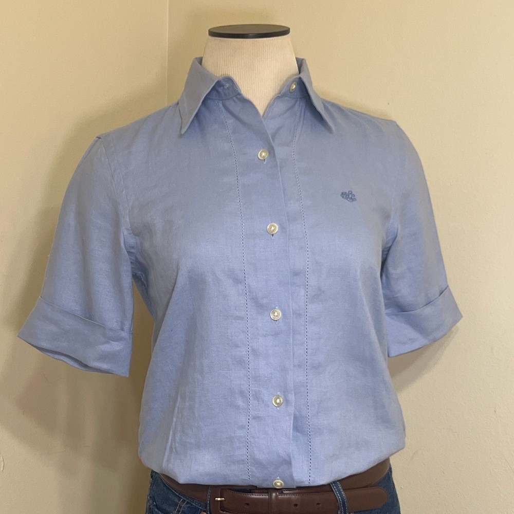 Ralph Lauren 100% Linen Button Down Shirt Womens Blue Short Sleeve RLL Logo Sz S