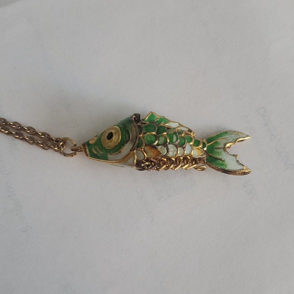 Vintage Green Enamel Fish Charm Pendant Necklace Gold Tone Cable Chain