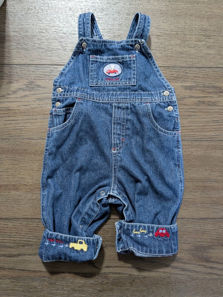 Oshkosh B’gosh Teddy Bear in Car Denim Cuffed Overalls 6-9 months Vintage
