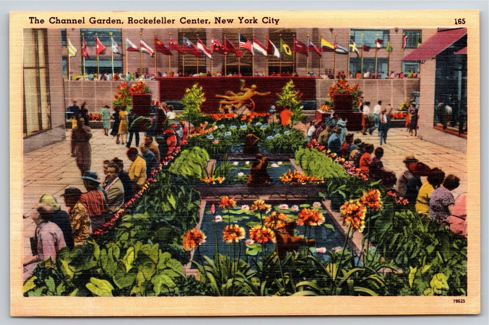 New York City~Channel Garden Rockefeller Center~Vintage Linen Postcard