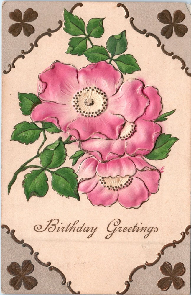 Vintage - Lovely Pink Hand Painted Flowers Embossed Birthday - Postcard - P12