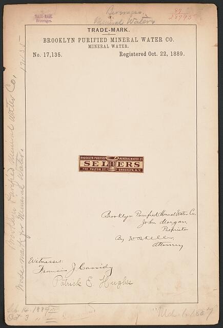 Photo:Brooklyn NY 1889 Selters Mineral Water Trademark Registration