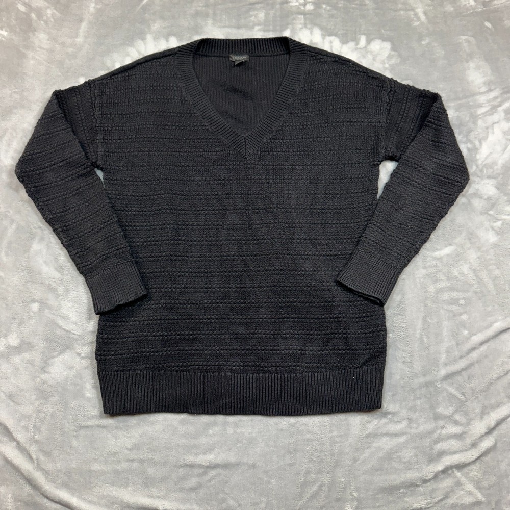 Ann Taylor Sweater Size M Black V Neck Ribbed Knit Pullover Stretch