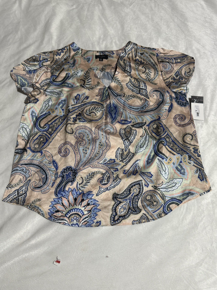 Tahari ASL Women's Size XL Sand Blue Paisley Tulip Sleeve Blouse Top NWT