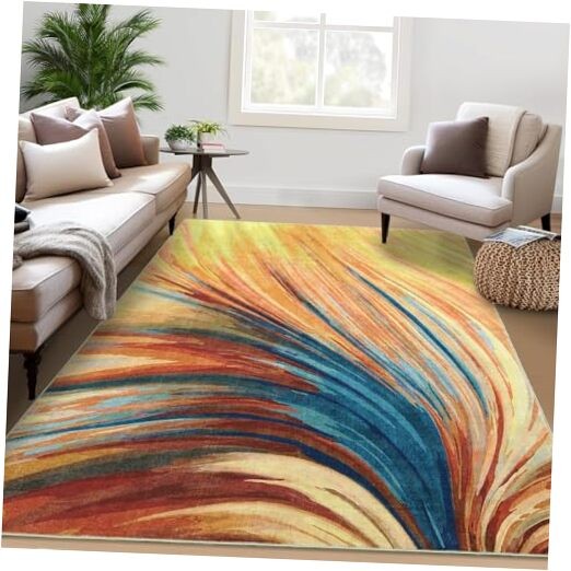 9x12 Washable Abstract Brush Stroke Rug Soft Low Pile Non-Skid Large Area Rug