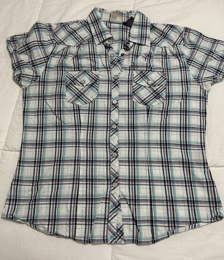 Harley-Davidson Women's Plaid Short Sleeve Collared Button-Up Blouse M