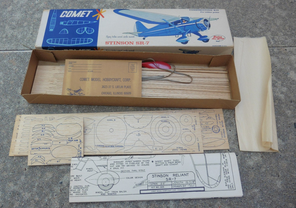 1960s 70s COMET Stinson SR-7 Balsa Rubber Power Flying Model Kit Complete Unbilt