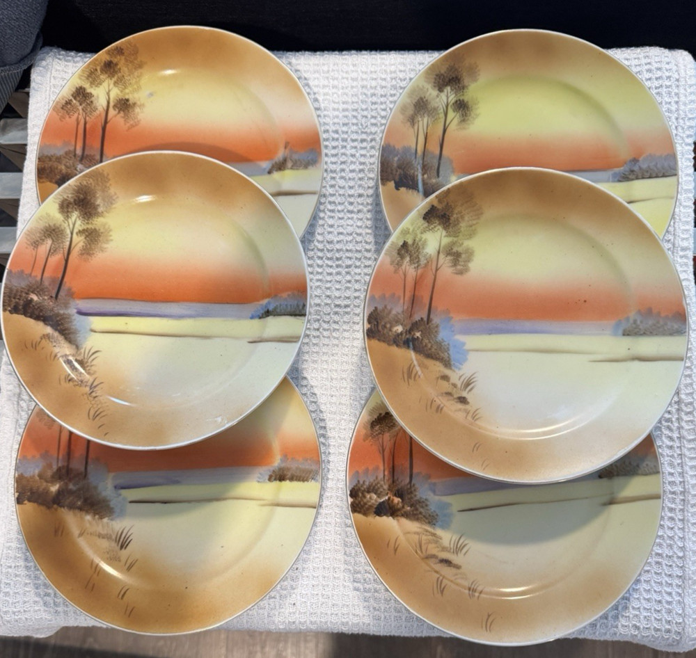 6 Meito China Hand Painted Sandwich Plates Trees, Lake , Sunrise/ Sunset 7.5