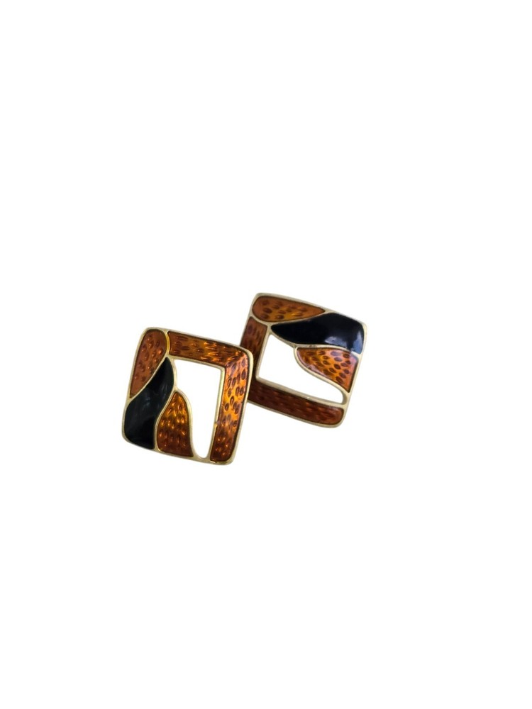 Vintage 80's Gold Tone Black and Orange Enamel Post Earrings