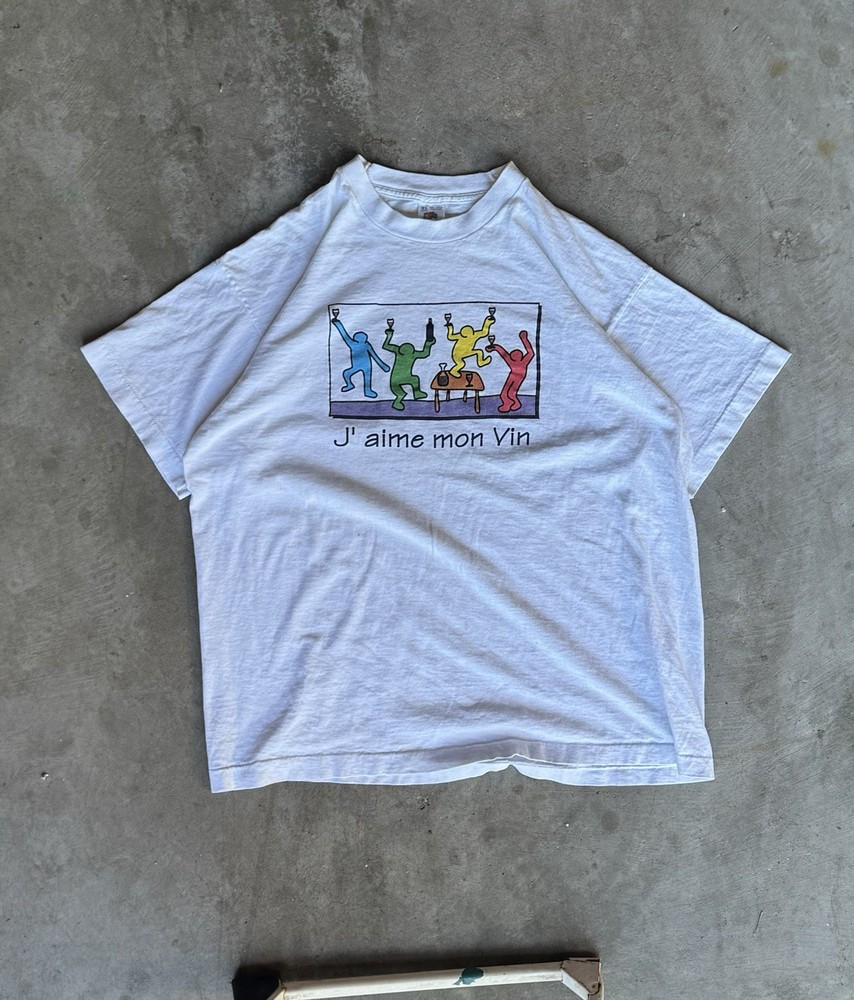 Vintage 90s J’aime mon Vin Keith Haring Style T-Shirt Single Stitch XL White Art