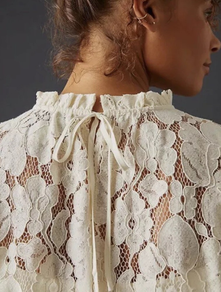 WAYF Emma Puff Sleeve Ivory Lace Top Victorian Romantic Blouse Women's Size S