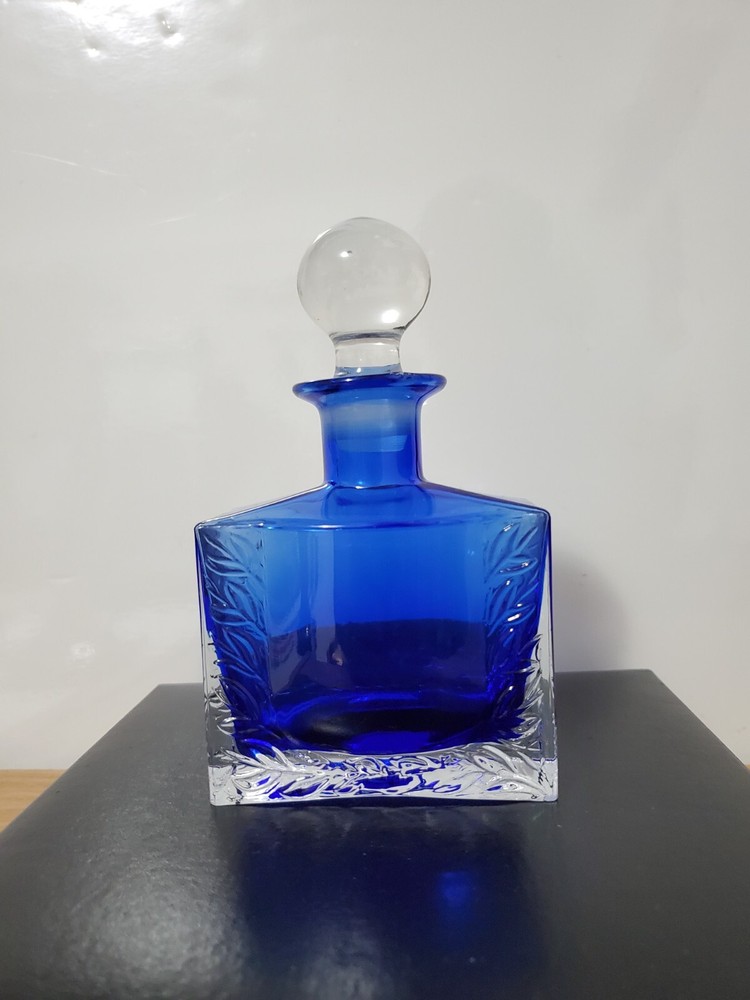 VTG Hand-Blown Cobalt Blue Square Perfume Bottle with Etched Leaf & Stopper 5.5 Inch