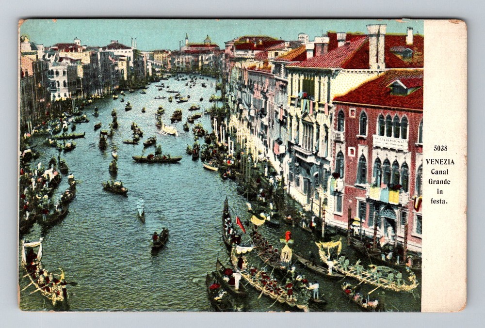 Italy- Venice Elevated View Of Busy Grand Canal Gondolas Old PC Vintage Postcard