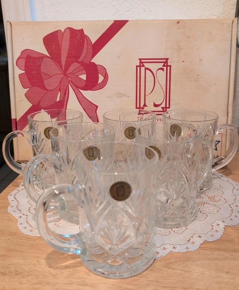 SET OF 6 Paul Sebastian Crystal Glass Coffee Mugs 24% Lead Crystal Clear Tea Cup
