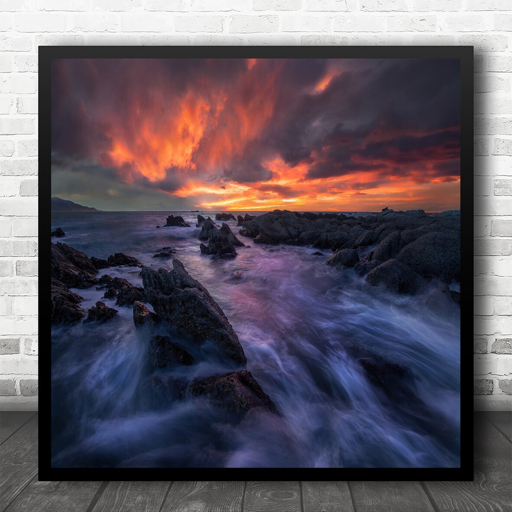 Sunrise Ocean Sky Rocks Waterflow Peaceful Square Wall Art Print