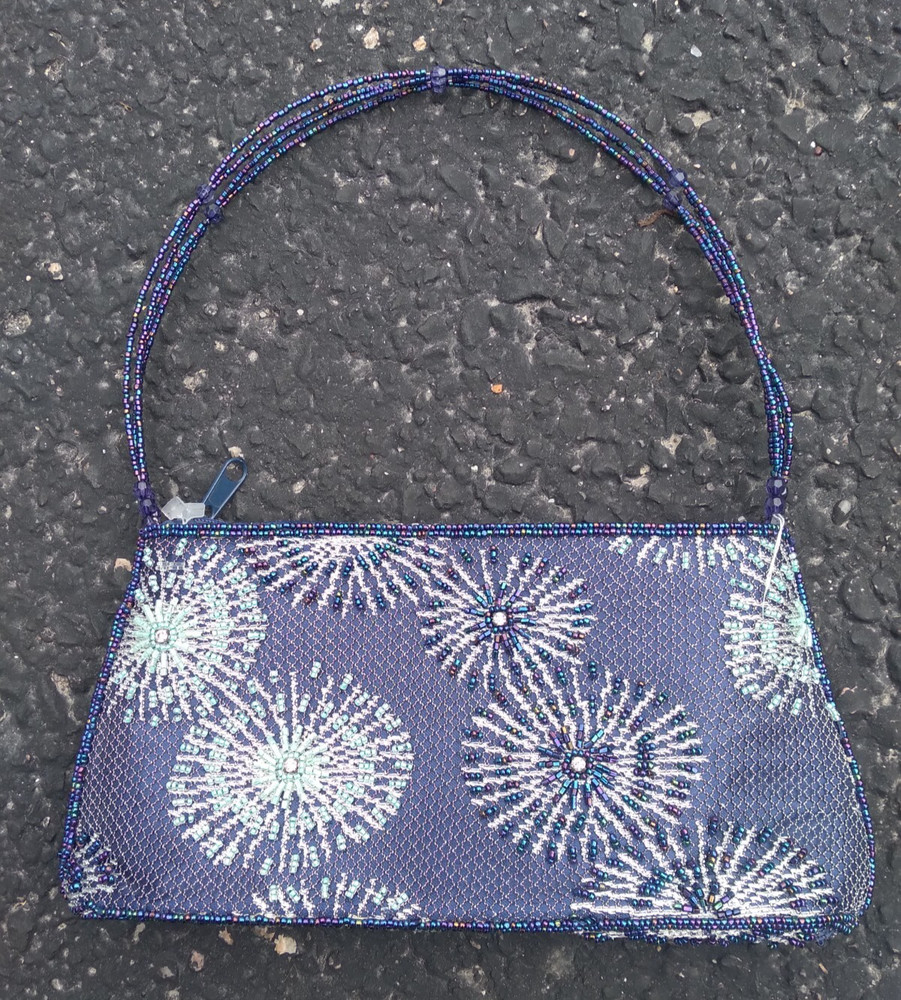 Vintage Beaded Satin Purse Purple Blue Embroidered Evening Clutch Bag