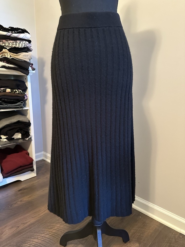 Quince Cashmere Knit A-Line Midi Skirt, Elastic Waist, Black - Size L