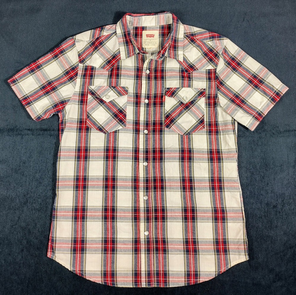 Levi’s Plaid Shirt Men’s Small Red Blue Check Short Sleeve Western Pearl Snap