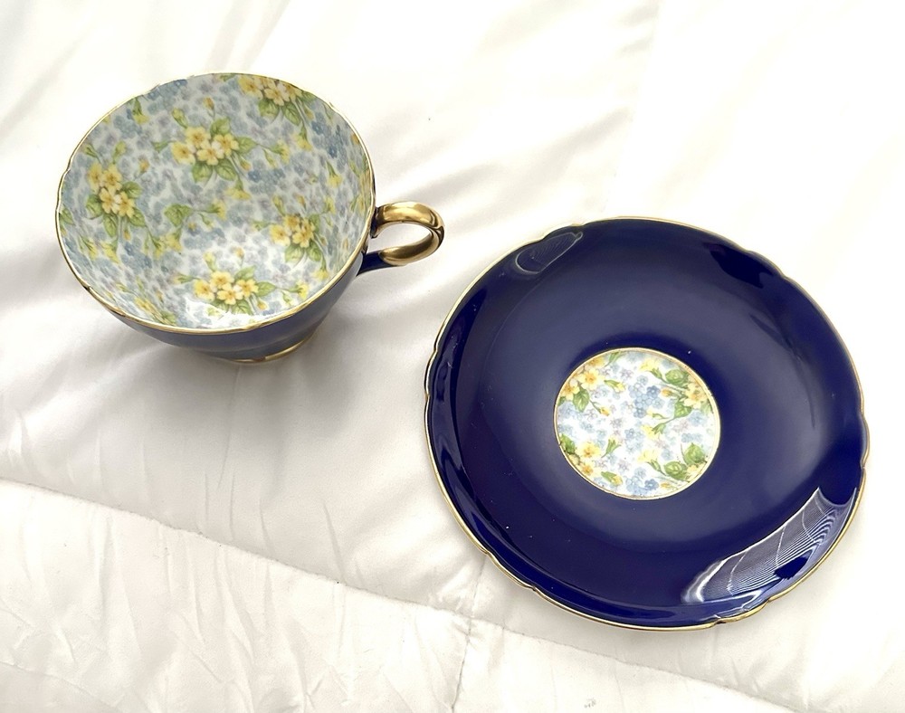 Shelley Primrose Chintz Cup and Saucer Set Blue Gold Trim Bone China England