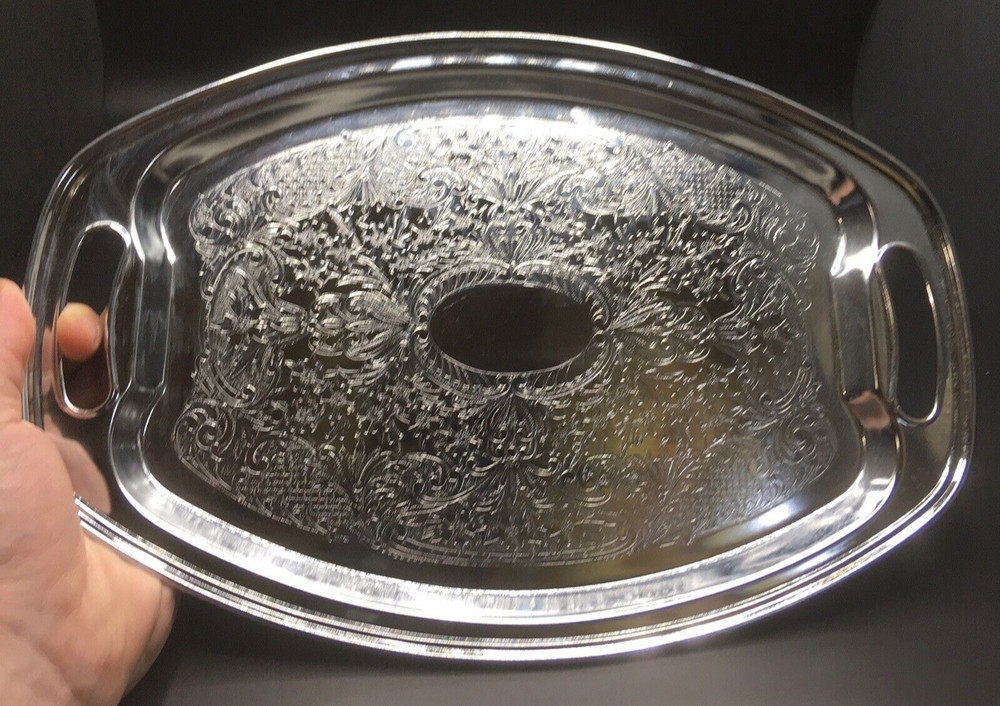 Irvinware Serving Tray Chrome Plated Ornate Etched Design- Made in USA