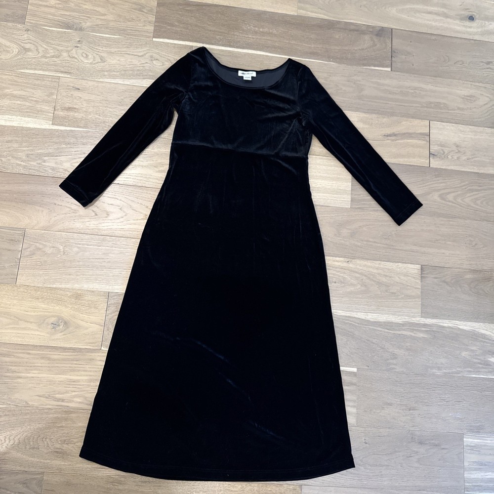 Eddie Bauer Black Velvet Maxi Dress Long Sleeve Scoop Neck Size L