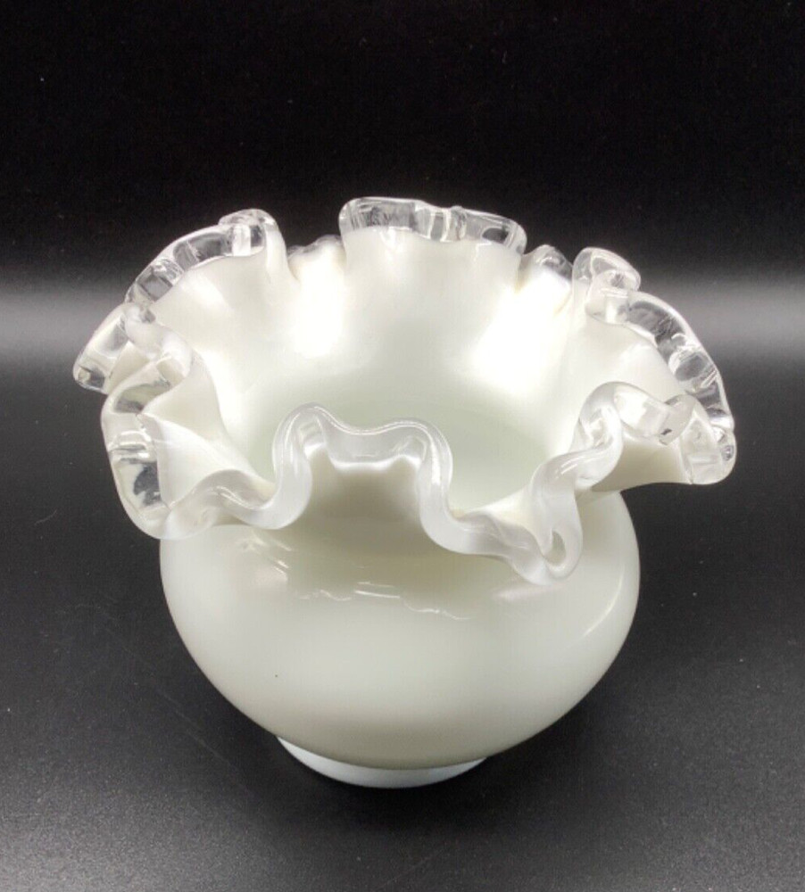Silver Crest White Milk Glass Rose Bowl Vase Ruffled Crimped Edge, 4” tall