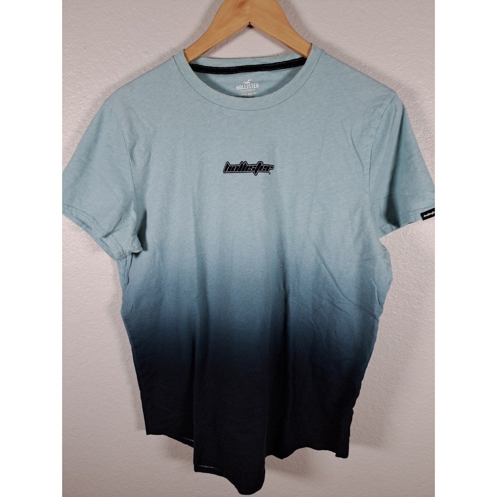 Hollister Mens Curved Hem Tee Blue Ombre Gradient Logo T-Shirt Large