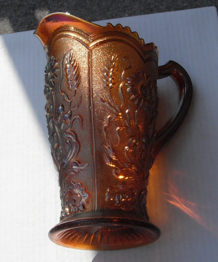 Vintage Amber Carnival Glass Fieldflower Water Pitcher - Rare D.Hb Design  