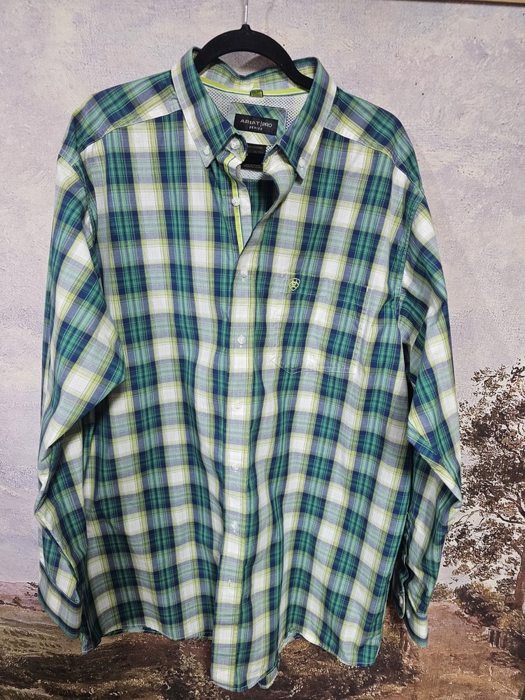 Ariat Pro Series Shirt Men's XL Tall Button Down Blue Plaid Long Sleeve Cowboy