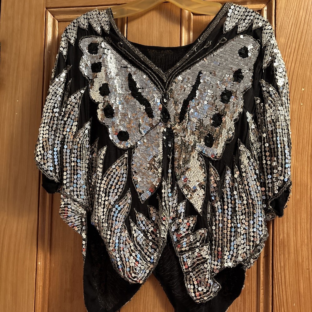 (S) Vintage Top Silk sequin butterfly disco shoulder pads rayon lining 80s