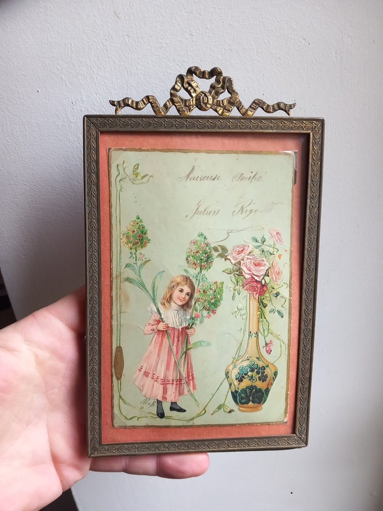 Brass Photo Frame Louis XVI Bow Glass Celluloid